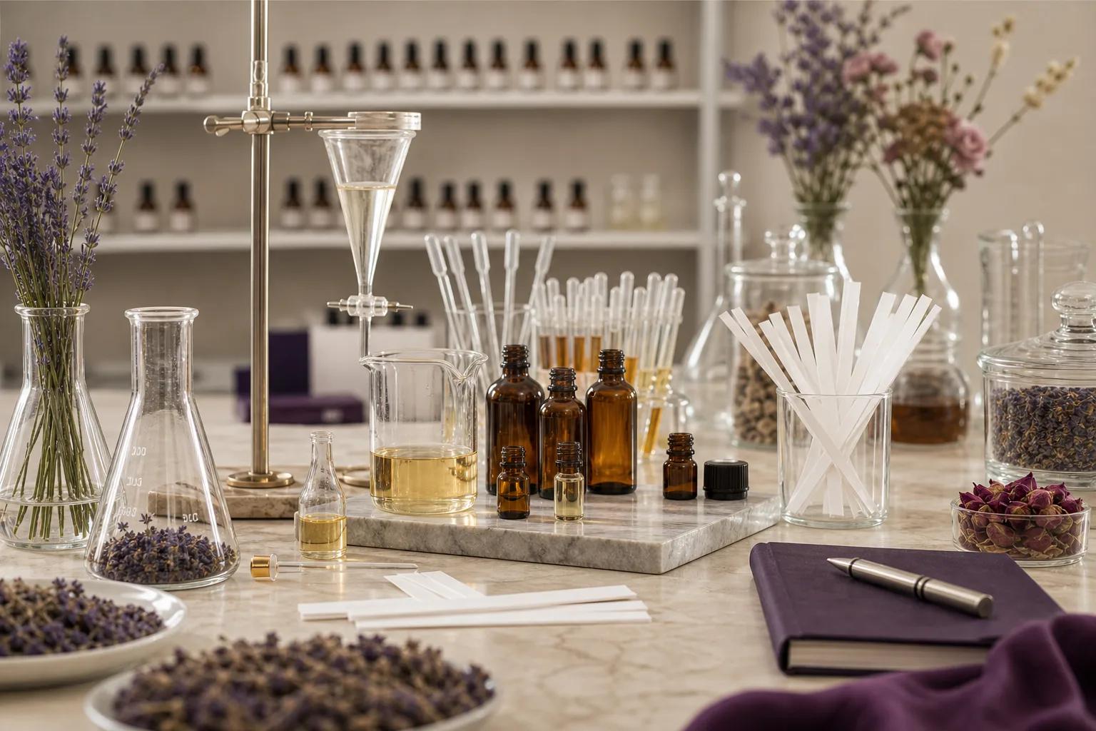 Lab perfumery and fragrance application workspace